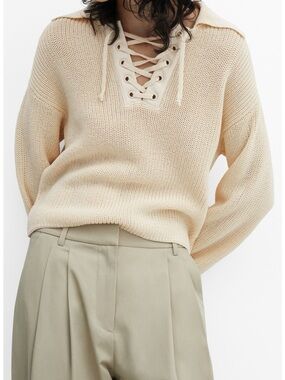 Mango Lace-Up V-Neck Knit Sweater in Cream Women’s Size Small New